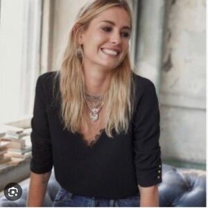 Sézane Black Top with Lace Trim